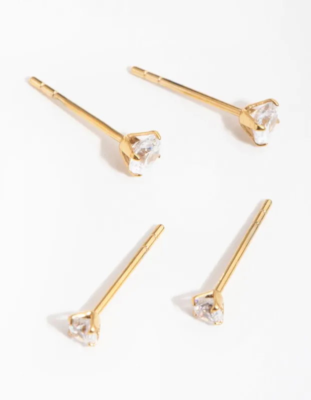 24 Carat Gold Plated Surgical Steel Round Cubic Zirconia Pack Stud Earrings sold by lovisa