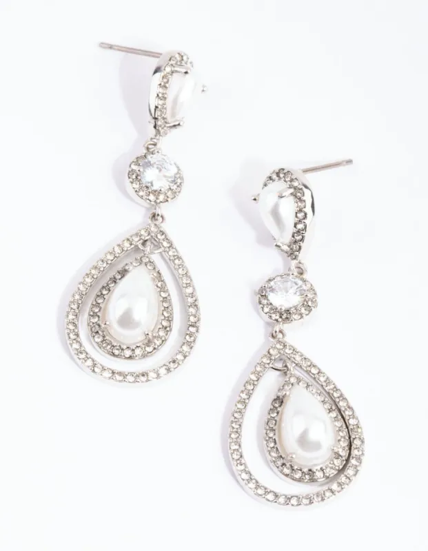 Rhodium Graduated Pearl Open Teardrop Earrings sold by lovisa
