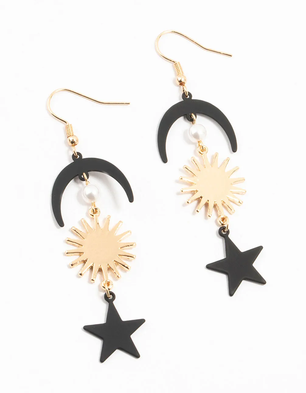 Gold & Black Crescent & Star Pearl Drop Earrings sold by lovisa