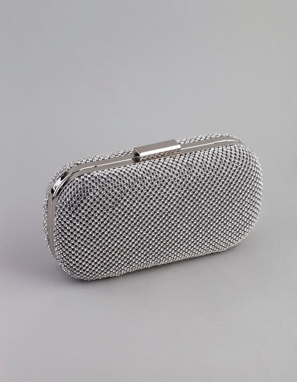 Silver Diamante Rounded Rectangular Clutch sold by lovisa