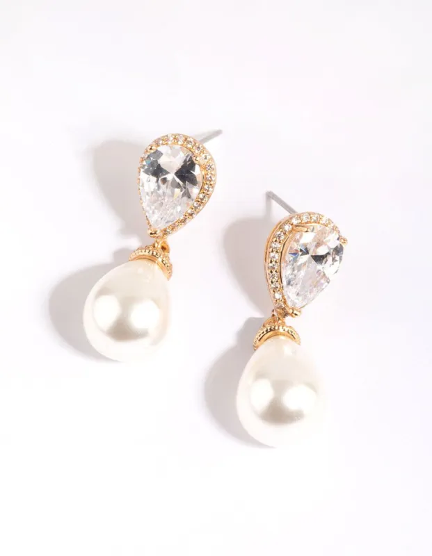 Gold Diamond Simulant Pearl Drop Earrings sold by lovisa