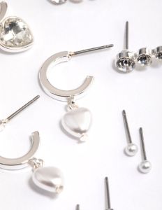 Silver Diamante Pearl Heart Mixed Earring Hoop 5-Pack sold by lovisa