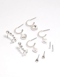 Silver Diamante Pearl Heart Mixed Earring Hoop 5-Pack sold by lovisa
