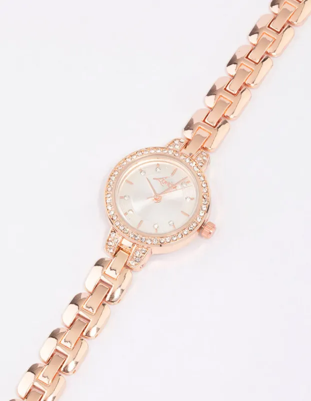 Rose Gold Diamante Small Round Strap Watch sold by lovisa
