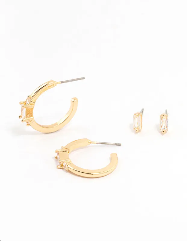 Gold Plated Cubic Zirconia Baguette Stud & Hoop Earrings 2-Pack sold by lovisa