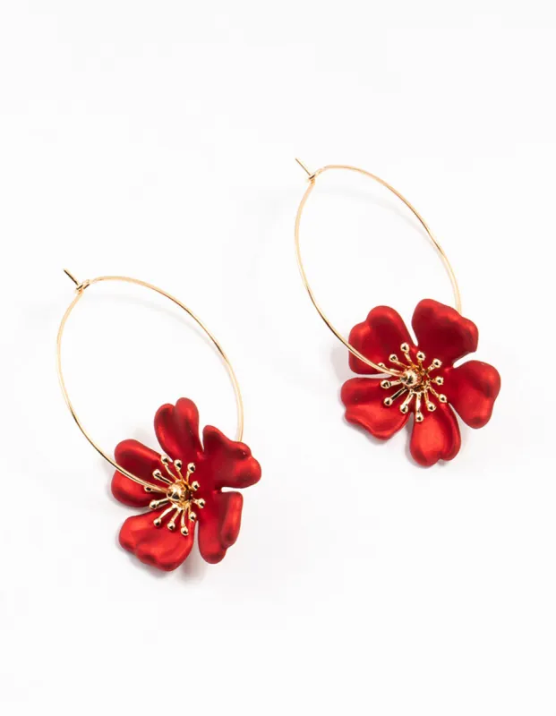 Gold Red Pearlised Stapled Flower Drop Earrings sold by lovisa
