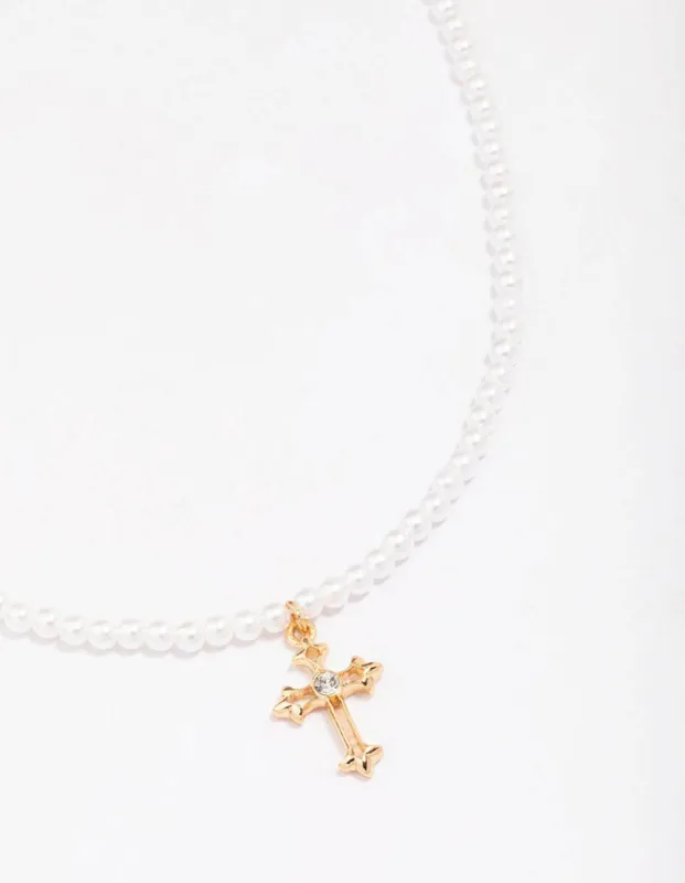Gold Pearl Cross Pendant Necklace sold by lovisa