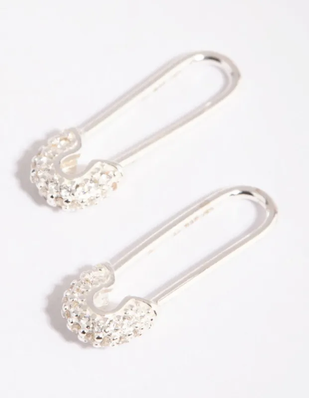Sterling Silver Pave Safety Pin Earrings sold by lovisa