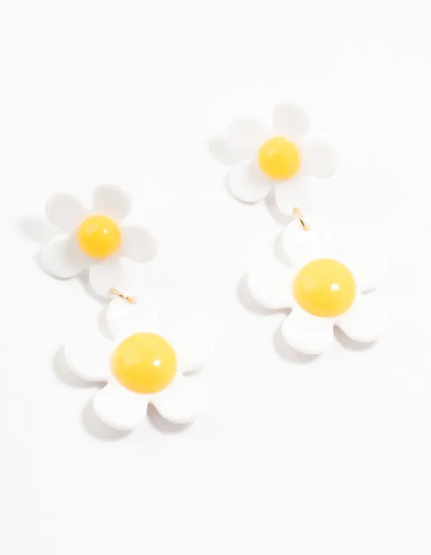 Acrylic White & Yellow Double Daisy Drop Earrings sold by lovisa
