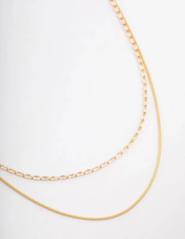 Gold Plated Cubic Zirconia Dainty Baguette Layered Necklace sold by lovisa