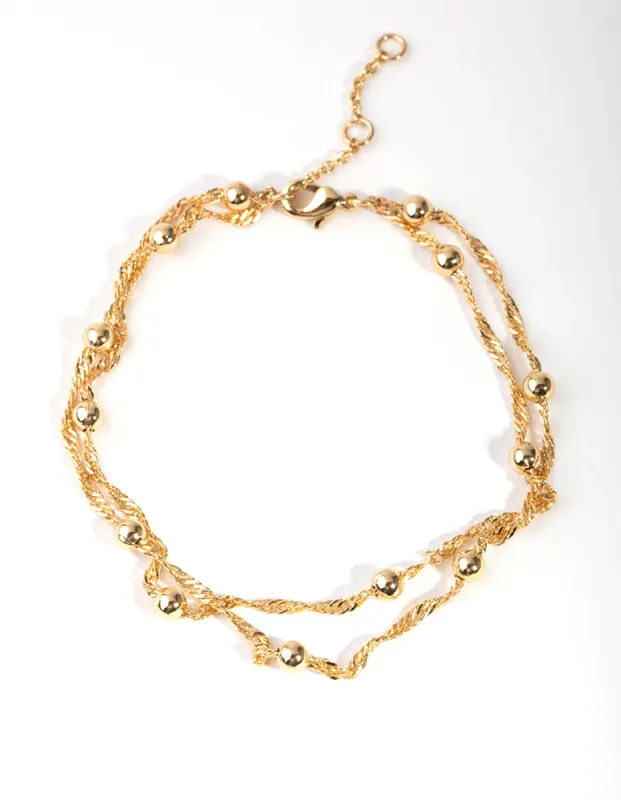 Gold Plated Double Chain & Ball Bracelet sold by lovisa