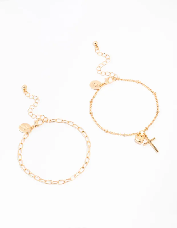 Gold Chain Cross & Heart Bracelets 2-Pack sold by lovisa