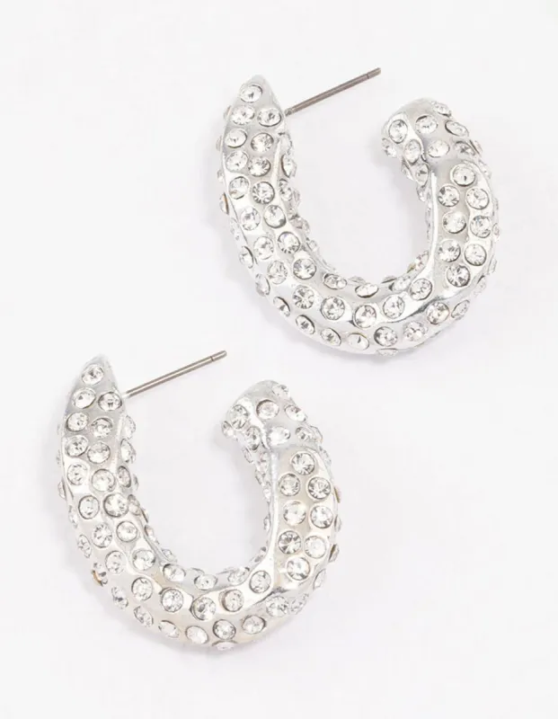 Rhodium Paved Curve Hoop Earrings sold by lovisa