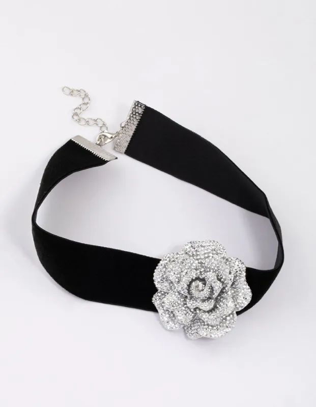 Rhodium Black Crystal Mini Flower Choker sold by lovisa