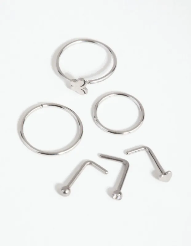 Surgical Steel Rhodium Butterfly Nose Stud 6-Pack made by lovisa