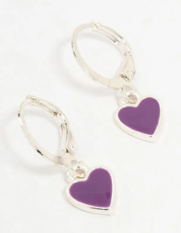 Silver Purple Heart Drop Huggie Earrings sold by lovisa