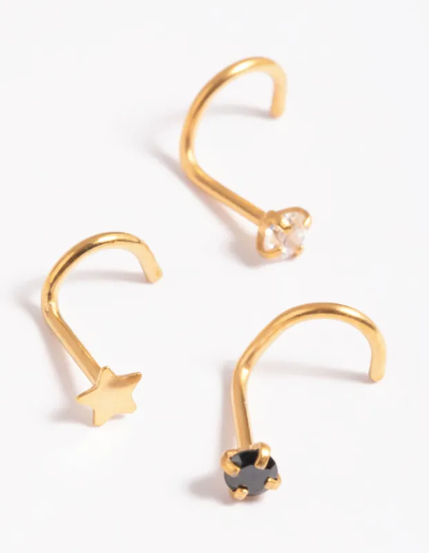 Gold Plated Surgical Steel Diamante Star Nose Stud Pack sold by lovisa