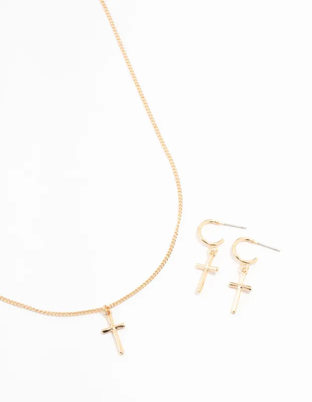Sleek Gold Cross Necklace & Earring Set sold by lovisa