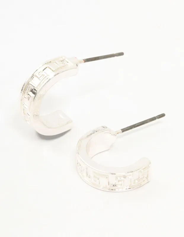 Silver Wide Greek Key Huggie Earrings sold by lovisa
