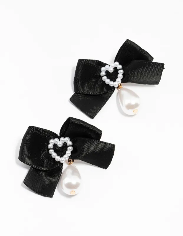 Black Fabric Pearl Heart Bow Stud Earrings sold by lovisa