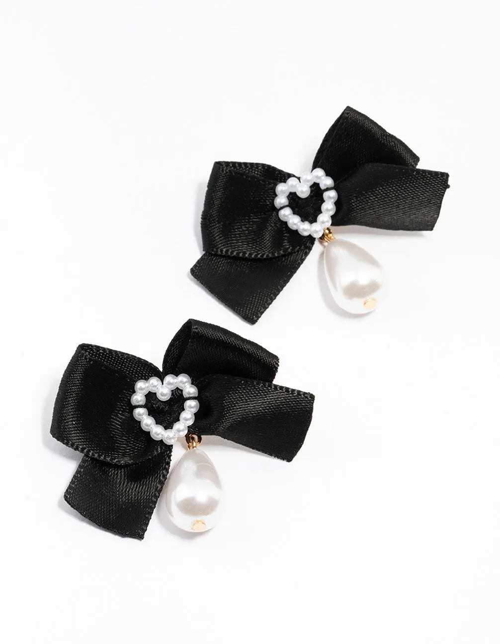 Black Fabric Pearl Heart Bow Stud Earrings sold by lovisa