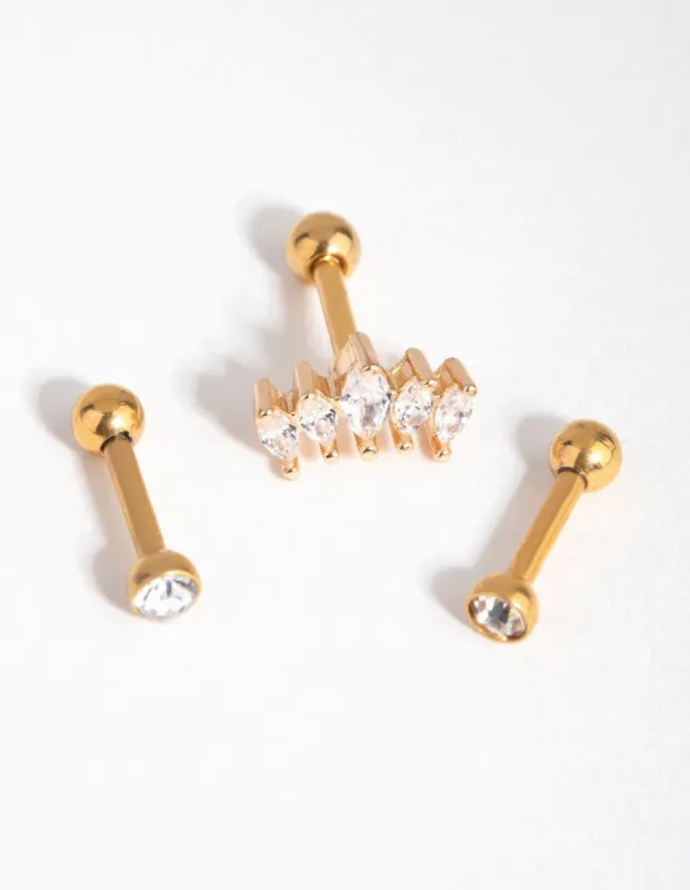 Gold Surgical Steel Cubic Zirconia Marquise Barbell Pack sold by lovisa