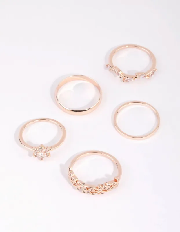 Rose Gold Cubic Zirconia Daisy Ring 5-Pack sold by lovisa