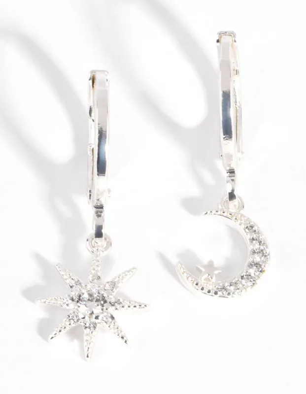Silver Diamante Mismatched Celestial Huggie Earrings sold by lovisa