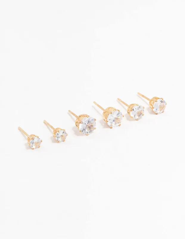Gold Graduating Diamante Stud Earrings 3-Pack sold by lovisa