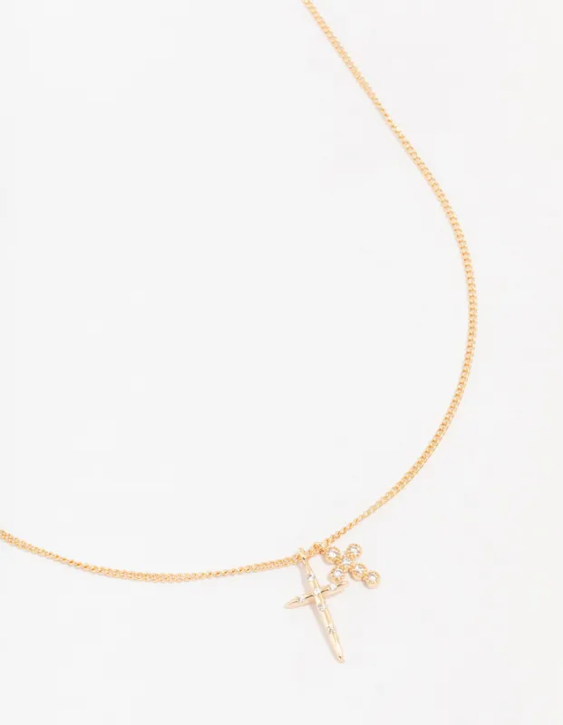 Gold Cubic Zirconia Double Cross Pendant Necklace sold by lovisa