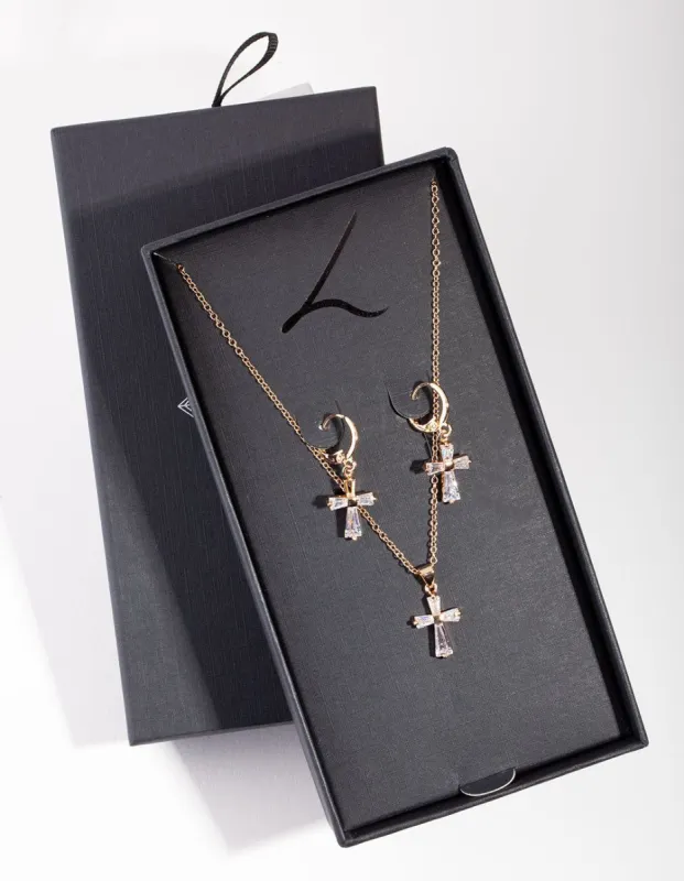 Gold Cross Necklace & Earrings sold by lovisa