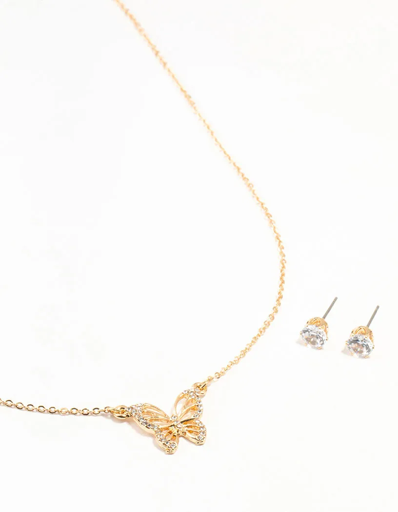 Gold Cubic Zirconia Butterfly Necklace & Stud Earrings Set sold by lovisa
