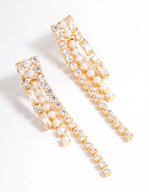 Gold Plated Cubic Zirconia Round & Baguette Pearl Drop Earrings sold by lovisa