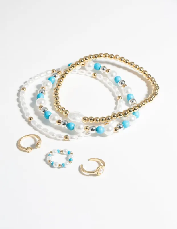 Pearl & Turquoise Ring & Bracelet Set sold by lovisa