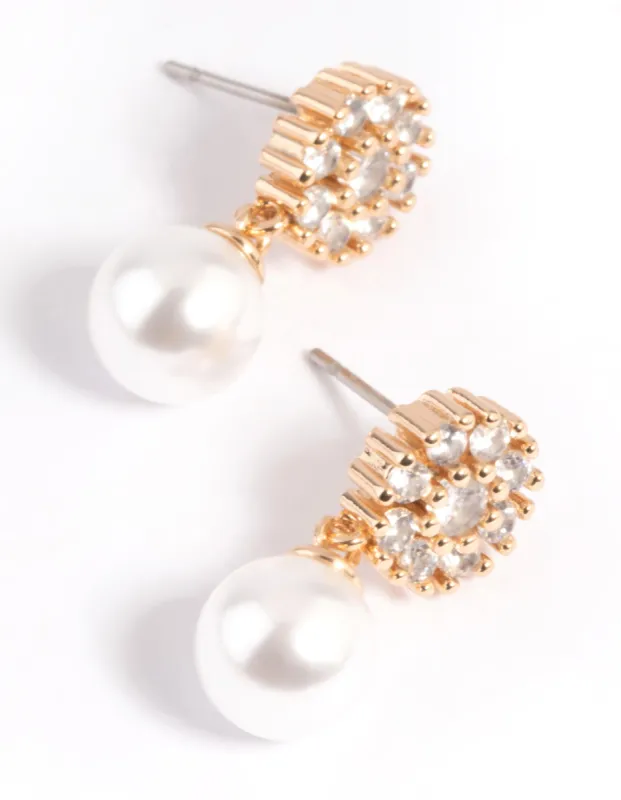 Gold Cubic Zirconia Flower & Pearl Drop Earrings sold by lovisa