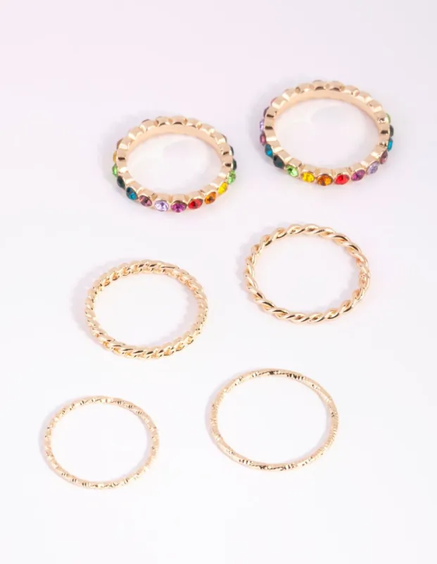 Gold & Rainbow Textured Ring Pack sold by lovisa