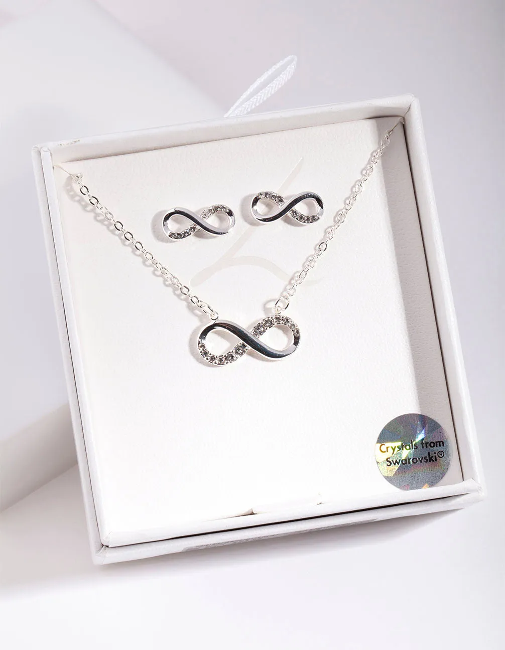 Silver Diamond Simulant Infinity Necklace & Earrings Set sold by lovisa