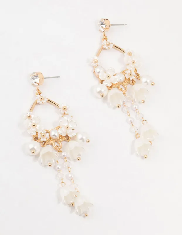 Gold Pearlised Flower Drop Earrings sold by lovisa