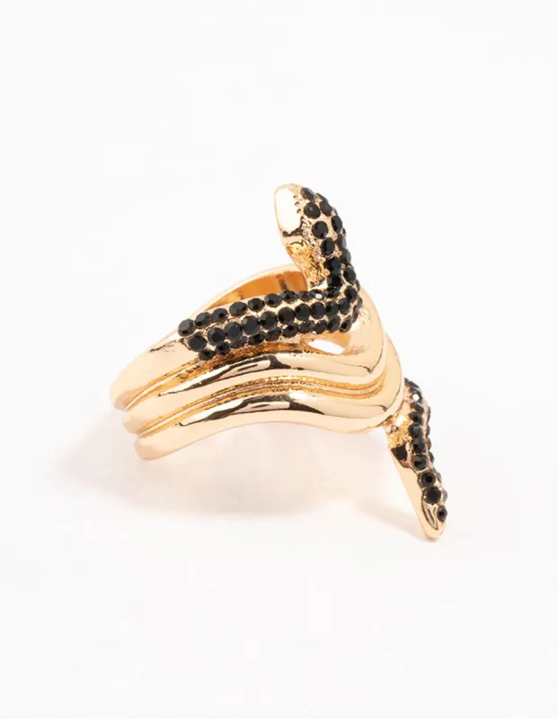Black Diamante & Gold Stacked Snake Ring sold by lovisa