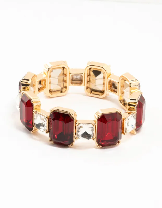 Gold Red Rectangular & Square Diamante Stretch Bracelet sold by lovisa