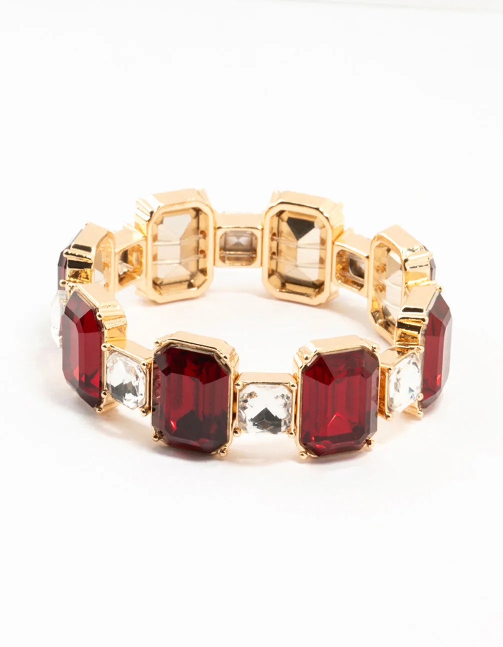 Gold Red Rectangular & Square Diamante Stretch Bracelet sold by lovisa