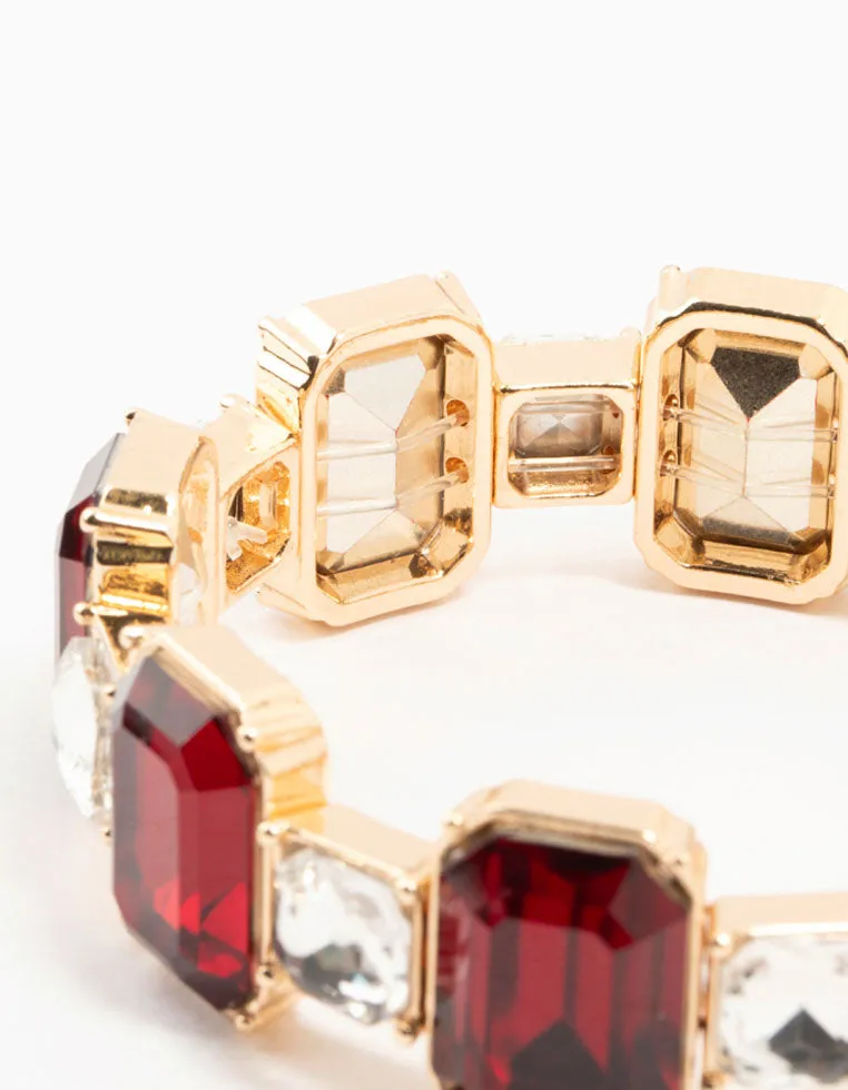 Gold Red Rectangular & Square Diamante Stretch Bracelet sold by lovisa product image thumbnail 3