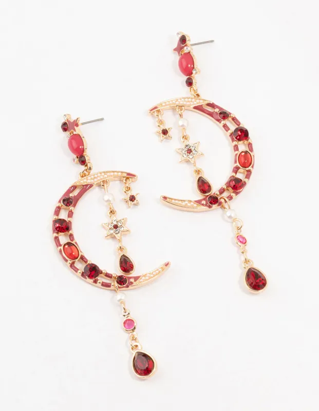 Gold Celestial Red  Stone Drop Earrings sold by lovisa