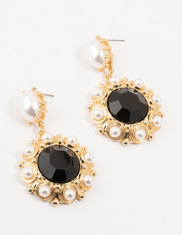 Gold & Black Pearl Stone Antique Drop Earrings sold by lovisa