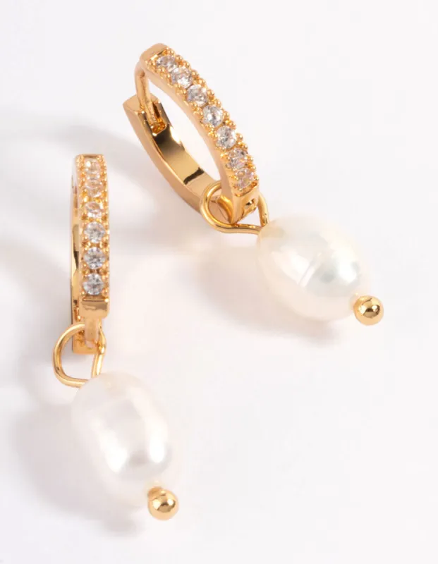 Waterproof Gold Plated Stainless Steel Diamante Freshwater Pearl Drop Huggie Earrings sold by lovisa
