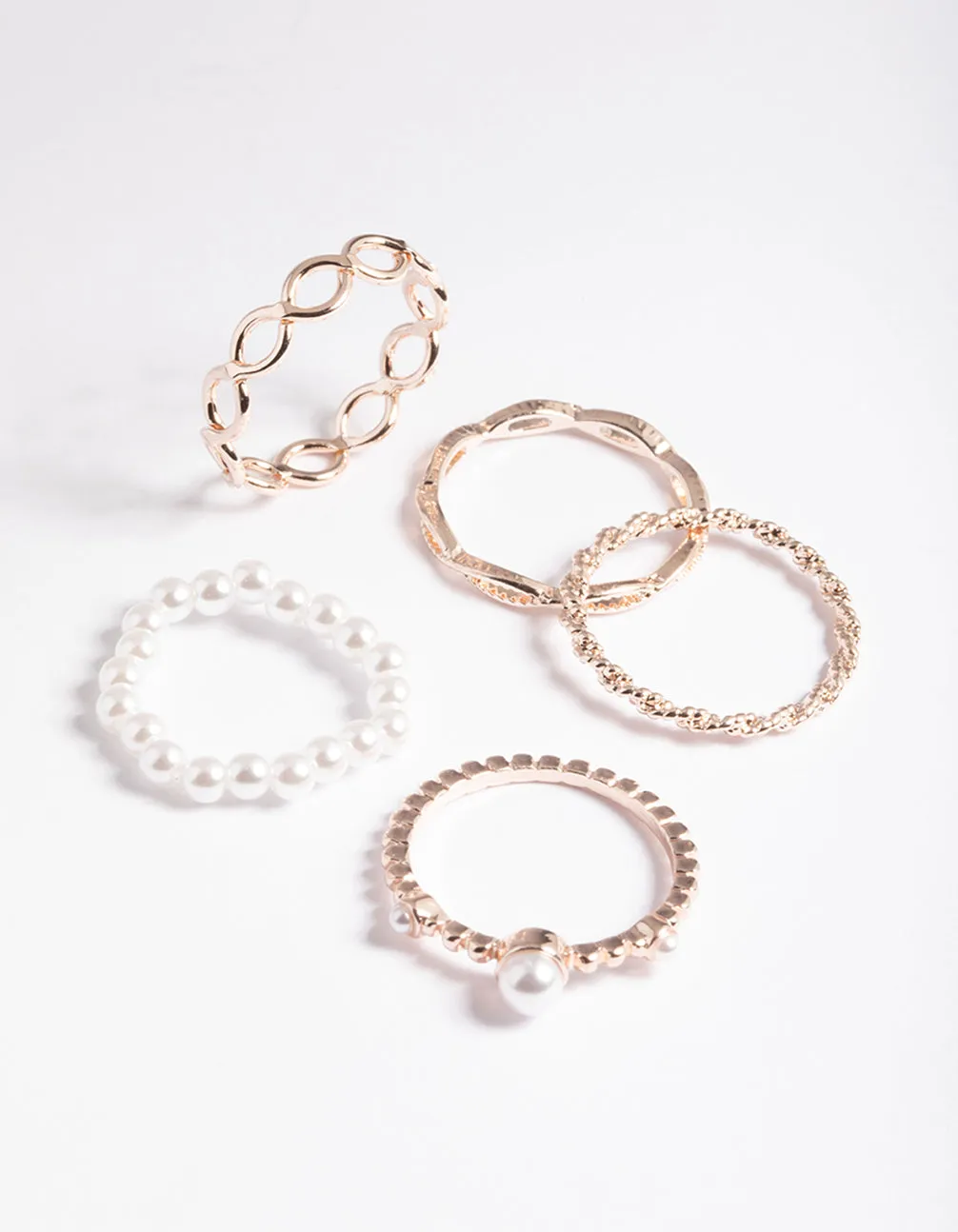 Rose Gold Pearl & Twist Ring 5-Pack sold by lovisa