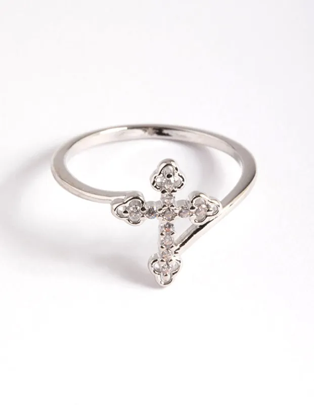 Rhodium Cubic Zirconia Cross Ring sold by lovisa