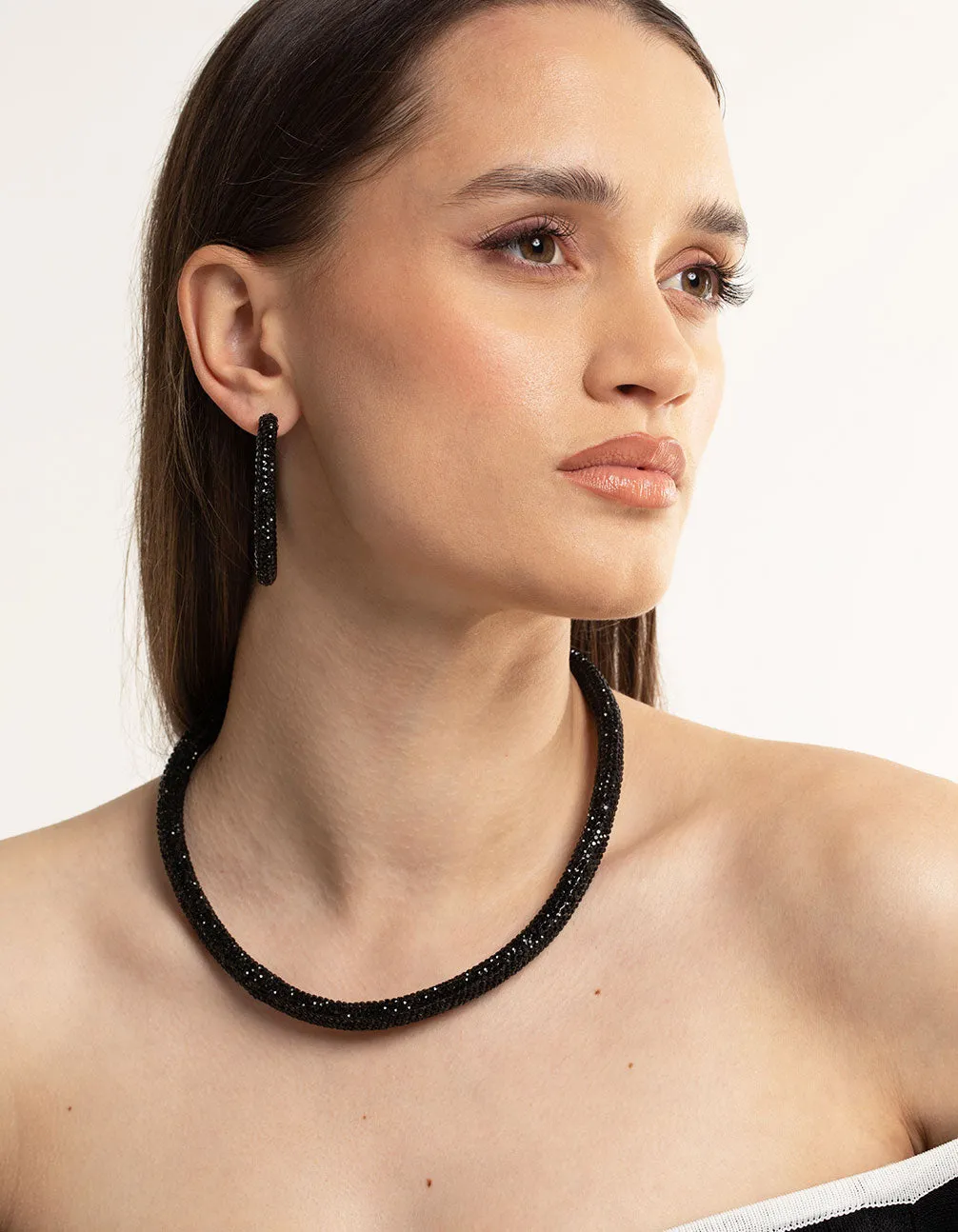 Jet Black Coated 40mm Crystal Hoop Earrings sold by lovisa