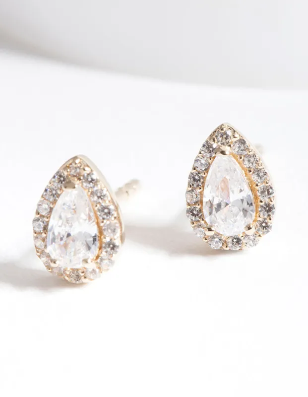 Gold Plated Sterling Silver Cubic Zirconia Pear Halo Stud Earrings sold by lovisa
