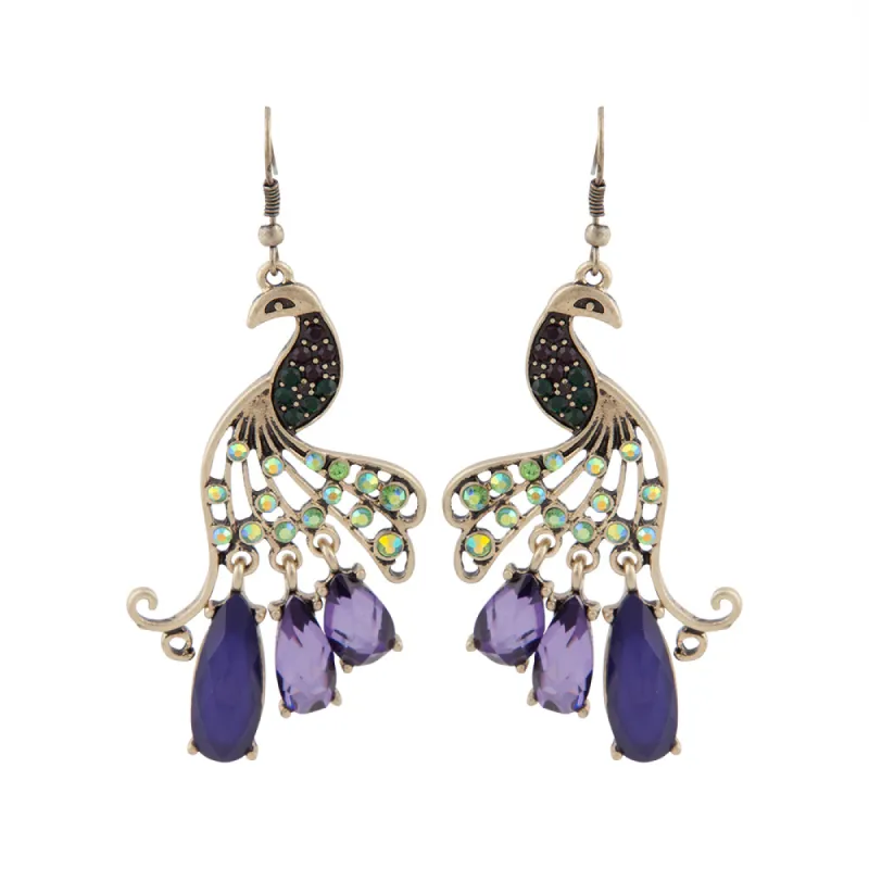 Jewelled Peacock Earrings In Burnished Gold sold by lovisa